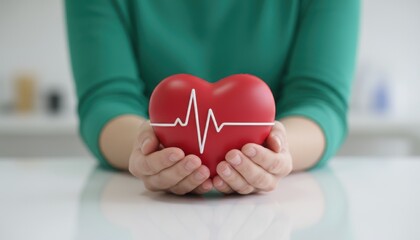 Close up of Human Hands Holding a Red Heart with Electrocardiogram Symbol, Signifying Health and Care