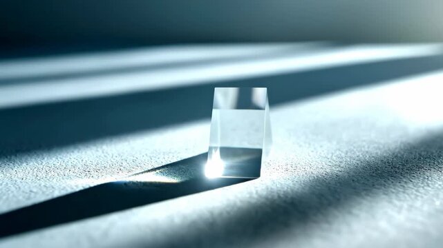 Crystalline triangular prism rotating on a textured surface, dispersing a beam of white light into a colorful rainbow spectrum through refraction and reflection, demonstrating a physics phenomenon