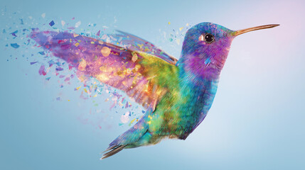 Obraz premium Hummingbirds wings disintegrating into sparkling shards, symbolizing transformation and beauty. Perfect for illustrations, designs, and concepts of change and flight.