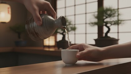 Graceful Hands Pouring Traditional Japanese Sake into a Small Ceramic Cup
