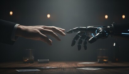 High contrast Image of Human and Advanced Robotic Hands Almost Touching over a Poker Table