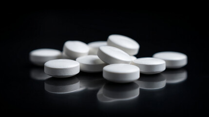 Group of white medicine tablets with reflections on a glossy black background