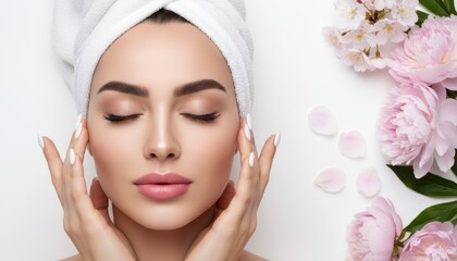 A Beautiful Woman with Closed Eyes Wearing a White Towel on Her Head, Showcasing Perfect Skin and Makeup