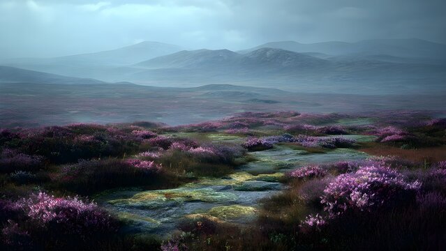Beautiful, vast and populated landscape with heather, sense of loneliness