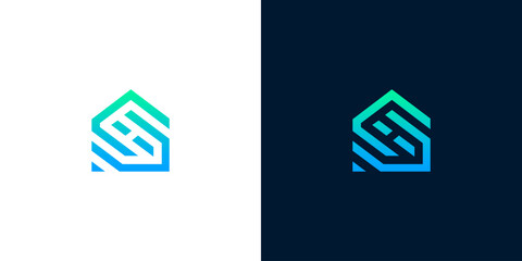 Modern geometric house logo with gradient colors on white and dark blue backgrounds