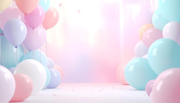 Airy Ascendancy: A cascade of soft, pastel balloons floats gently, creating a dreamy backdrop for celebration and joy. The airy arrangement evokes a sense of lightheartedness and anticipation.