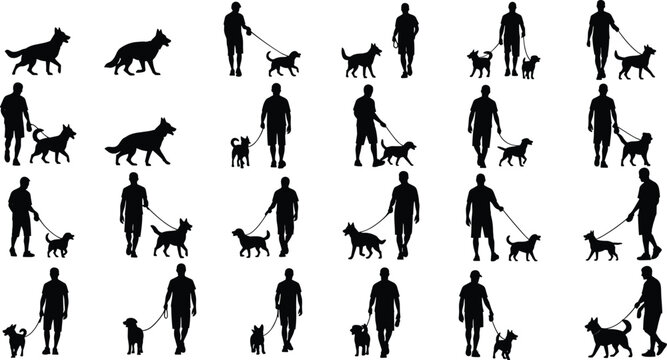 Man walking dog silhouettes collection, people with pets outdoor activity poses, daily lifestyle scenes, black vector illustration isolated white background