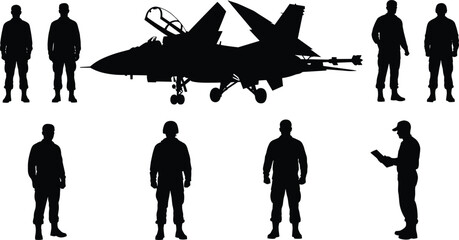 Military jet and pilot silhouettes with fighter aircraft, air force personnel standing poses, aviation defense concept, black white vector set © Monteza