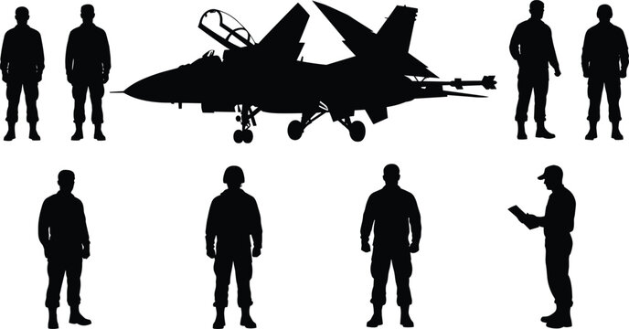 Military jet and pilot silhouettes with fighter aircraft, air force personnel standing poses, aviation defense concept, black white vector set
