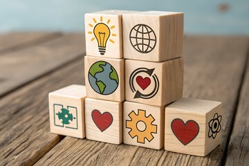 Integrated Innovation Concept – Pyramid of Blocks with Global, Emotional, and Tech Icons over Digital Analytics Background, innovation, sustainability, global, technology, emotional intelligence