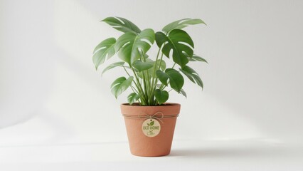 Fototapeta premium Green Monstera Plant in Terracotta Pot with Natural Decor for Home and Indoor Spaces
