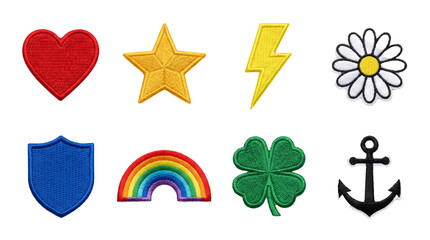 Naklejka na ściany i meble Embroidered patch set including heart, star, bolt, daisy, shield, rainbow, clover, and anchor isolated. Decorative sewing and fashion accessory collection.