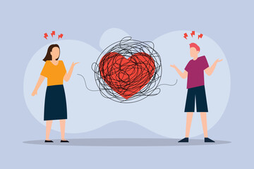 Relationship Conflict and Complicated Love Concept with Couple and Tangled Heart 2d flat vector illustration