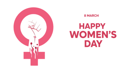Happy Women's Day 8 March graphic with female symbol and raised fist