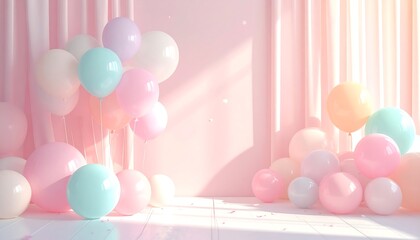 Pastel Balloon Scene: A scene of celebration with an array of pastel-colored balloons floats gently, creating a whimsical and dreamy ambiance. The soft light and delicate colors evoke feelings of joy.