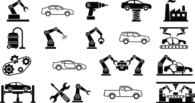 Automotive manufacturing and factory automation icon set showing robotic arms, car assembly, tools, production lines and industrial processes for vehicle manufacturing and engineering concepts