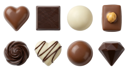 Gourmet chocolate set including dark, milk, and white pralines with heart, diamond, and swirl shapes isolated. Assorted confectionery candy collection.