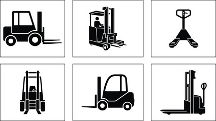 Forklift and pallet truck icon set showing warehouse equipment, material handling vehicles and industrial logistics operations for storage, loading, transport and supply chain management © Creative Vector