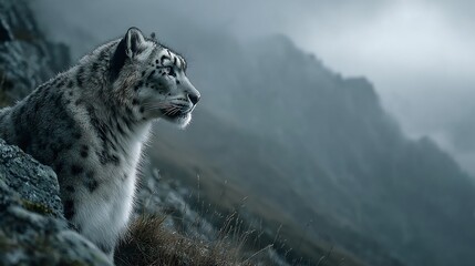 Obraz premium Snow Leopard Perched on Rocky Mountain Cliffside in Foggy Weather
