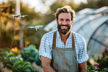 Joyful farmer embracing technology on a high tech farm with sustainable practices and smart devices
