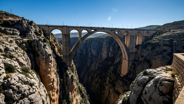 Sidi MCid Bridge spanning Rhumel Gorge in Constantine Algeria under clear blue sky