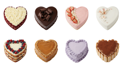 Heart shaped cake set including chocolate, velvet, berry, caramel, and floral designs. Valentine day and romantic celebration dessert collection.