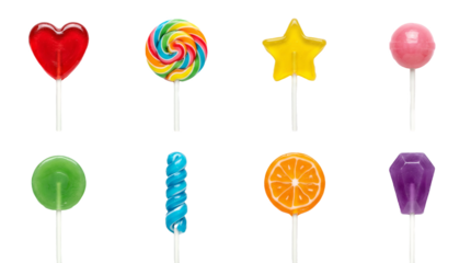 Assorted lollipop set including heart, star, swirl, orange slice, and spiral shapes isolated. Colorful confectionery and candy collection.