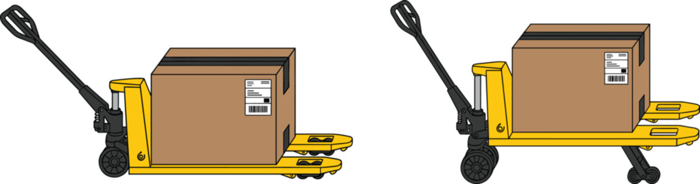 Manual pallet jack with cardboard boxes illustration showing warehouse material handling, logistics transport, loading operations, industrial hand pallet truck equipment isolated on white background