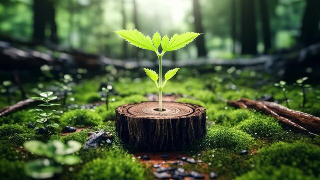 Young green sprout growing from a tree stump in a sunlit mossy forest floor symbolizing rebirth, nature regeneration
