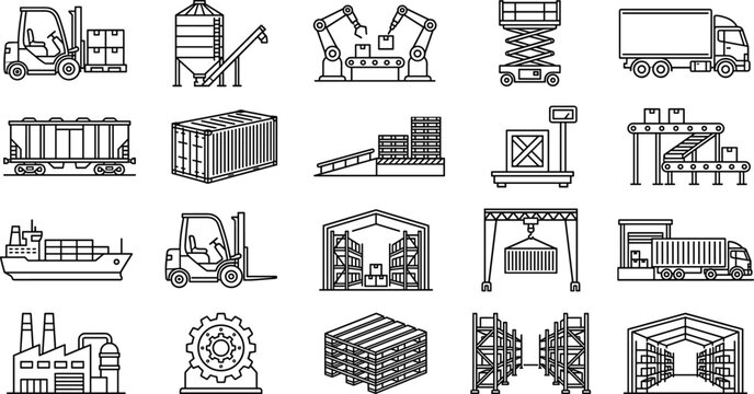 Warehouse logistics and industrial transportation icon set showing forklift, conveyor, container, truck, ship, robotic arms and storage systems for supply chain and manufacturing operations