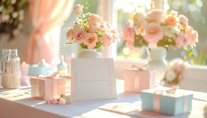Serene Gathering: An inviting scene unfolds, with a table gracefully arranged featuring delicate flower arrangements, artfully wrapped gifts, and a charming framed card.