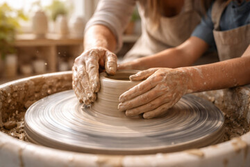 Hands working together on a pottery wheel in a studio
