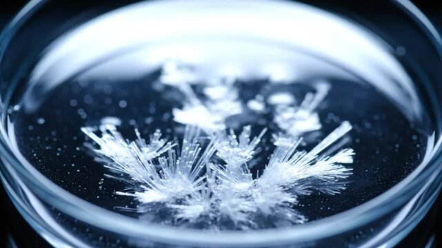 Hypnotic close-up of delicate white crystal structures emerging in a clear solution, illustrating the captivating beauty of molecular self-assembly and scientific phenomena