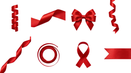 Red satin ribbon set including bows, curls, waves, spirals, and banners isolated. Decorative gift wrap and holiday ornament collection.