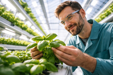 Man tending to green basil plants in a greenhouse environment