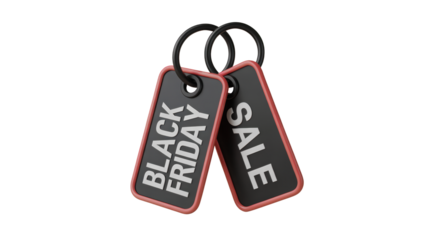 Black Friday and Sale promotional tags hanging on dark background for discount shopping event