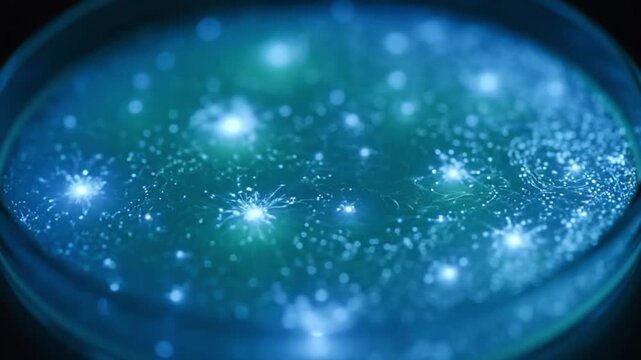 Close-up macro shot of luminous bacteria colonies growing in a petri dish, showcasing bioluminescence in a science lab