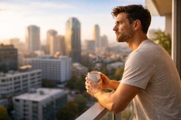Man enjoying coffee while gazing at city skyline view