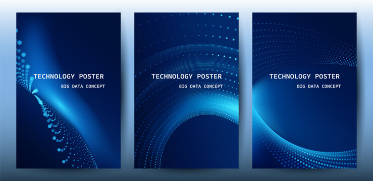 Big data technology poster set with Blue wave particle glowing and data visualization