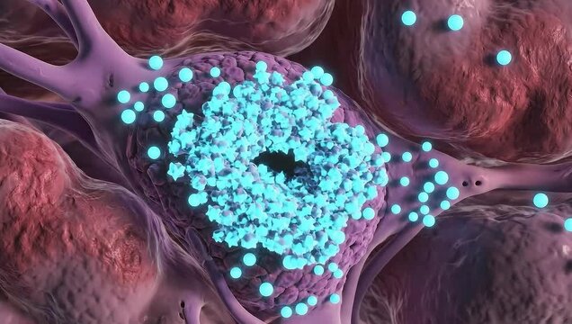 Microscopic 3d rendering of glowing blue particles causing inflammation in purple human tissue.