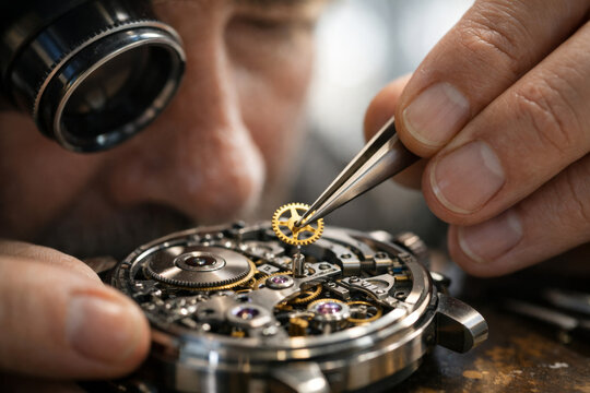 Watchmaker repairing intricate mechanical watch with precision tools - Powered by Adobe