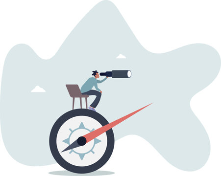 A businessman looks into the future and a compass shows the direction.