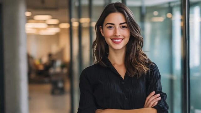 Confident Professional: A sophisticated and poised woman, radiating self-assuredness with a warm, genuine smile. Her crossed arms exude an air of authority and approachability.