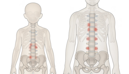 Neutraltoned medical illustration highlighting growth plate differences in pediatric and adult discitis with sidebyside silhouette diagrams on white.