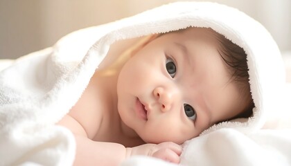 Sweet Serenity:  A tender image of a newborn swathed in a soft, white blanket, their innocent eyes reflecting a world of wonder and peace. 