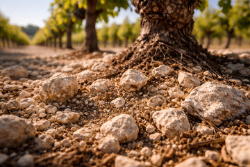 Obraz premium Close-up of rocks and soil near vineyard tree roots
