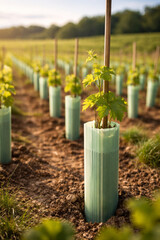 Obraz premium Young grapevine in plastic protective tube in vineyard field