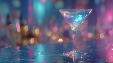 Clear martini cocktail glass on glossy table with neon bokeh lights of stylish night bar
