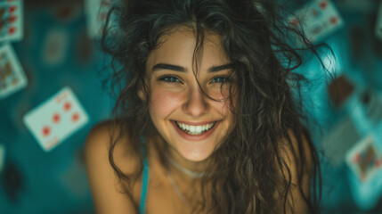 Smiling young woman with messy hair looking into camera while playing cards float around her

