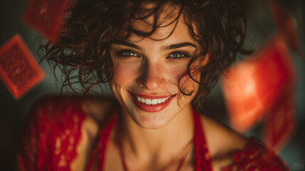 Smiling woman with curly hair in red dress, red playing cards floating around, warm cinematic lighting mood
